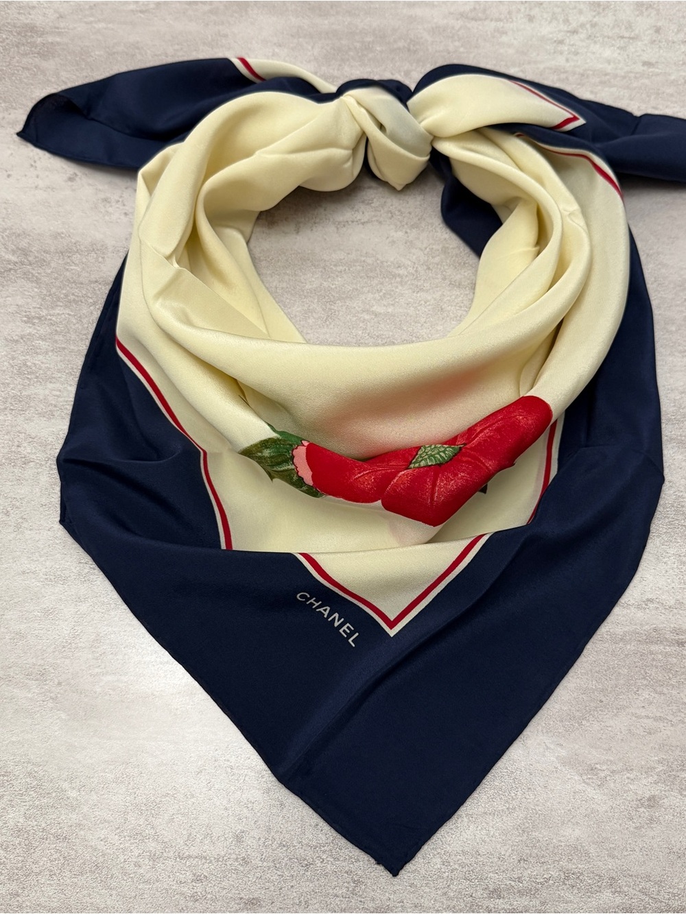 CHANEL Navy, Cream & Red Floral Silk Scarf